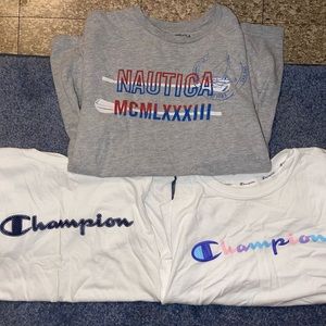 Woman’s Nautica (xs), Boys Champion (L) , & Womans Champion (S) graphic t-shirts